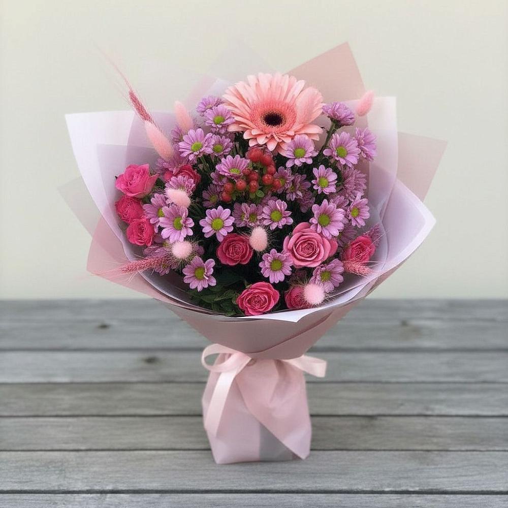 Букет цветов из: Розы, Герберы и Хризантемы в Солослово