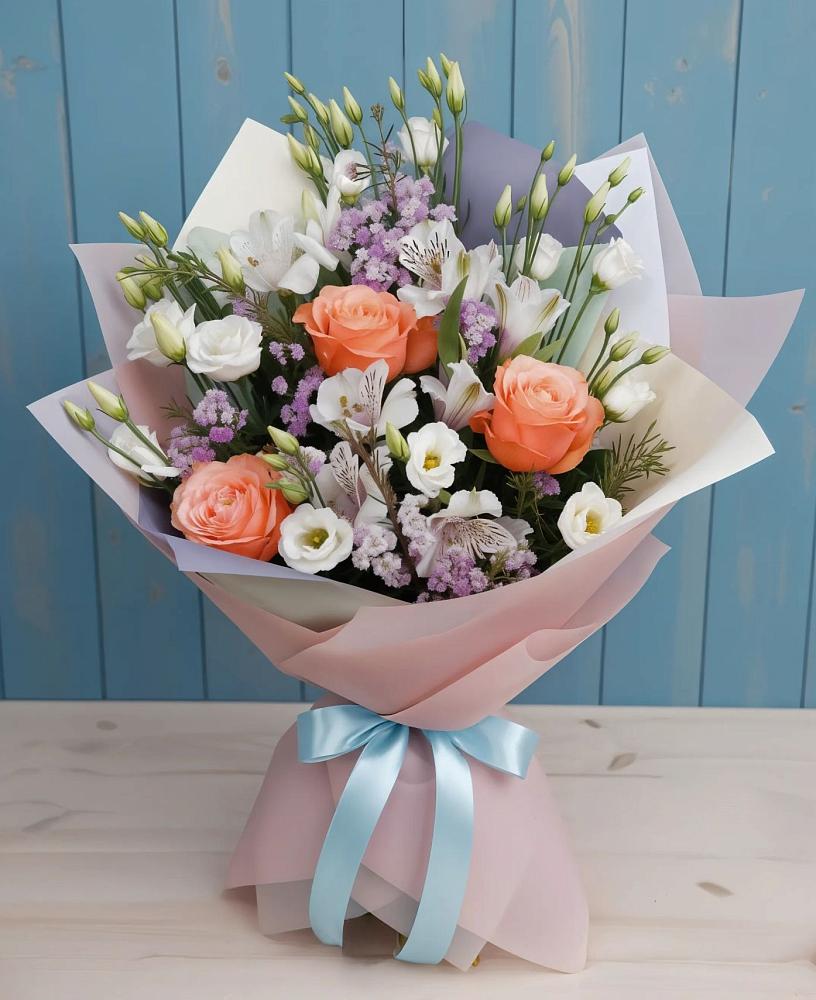 Букет цветов из: Лизиантусы, Розы, Альстромерии и Гипсофила в Солослово